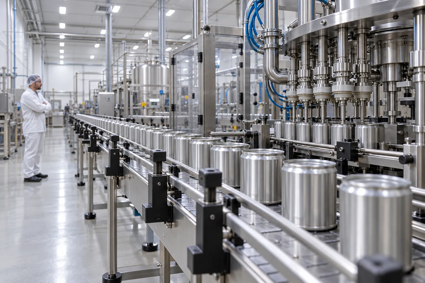 Uma linha de enchimento automática que transporta latas redondas ao longo de um transportador de aço inoxidável, passando por um cabeçote de enchimento rotativo, enquanto um técnico observa sem tocar nos recipientes