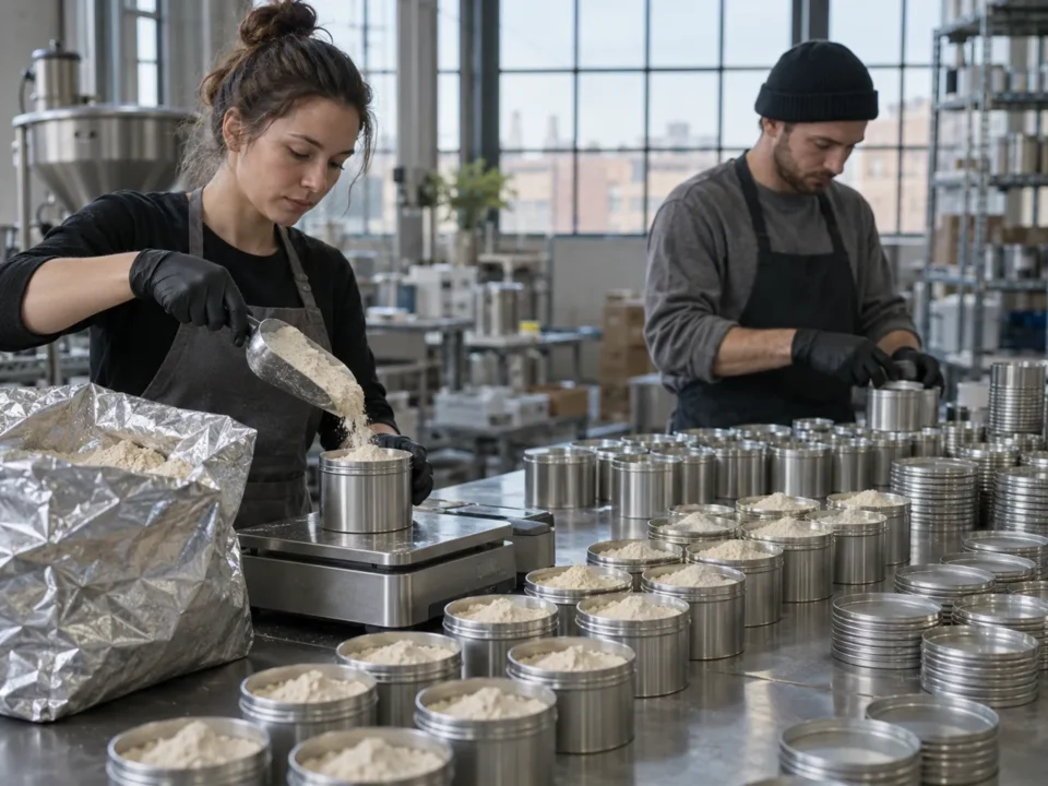 A two-person crew hand-filling protein powder into tins on a stainless steel table, the manual starting point of the semi automatic vs automatic filling machines decision