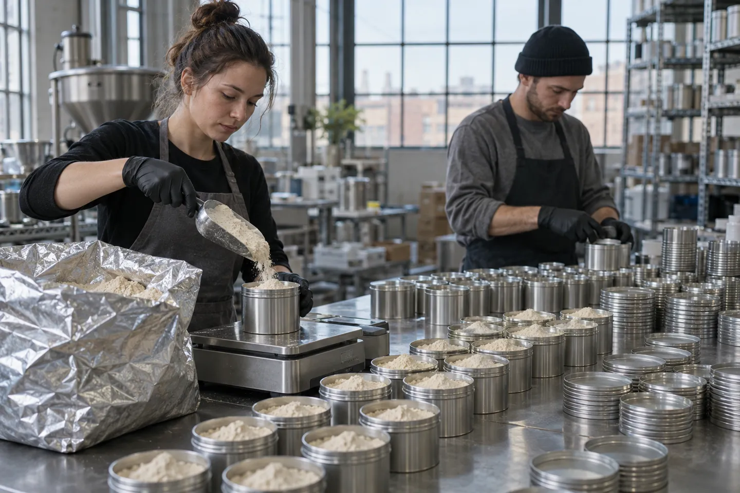Uma equipa de duas pessoas a encher manualmente latas com proteína em pó numa mesa de aço inoxidável: o ponto de partida manual para a decisão entre máquinas de enchimento semiautomáticas e automáticas