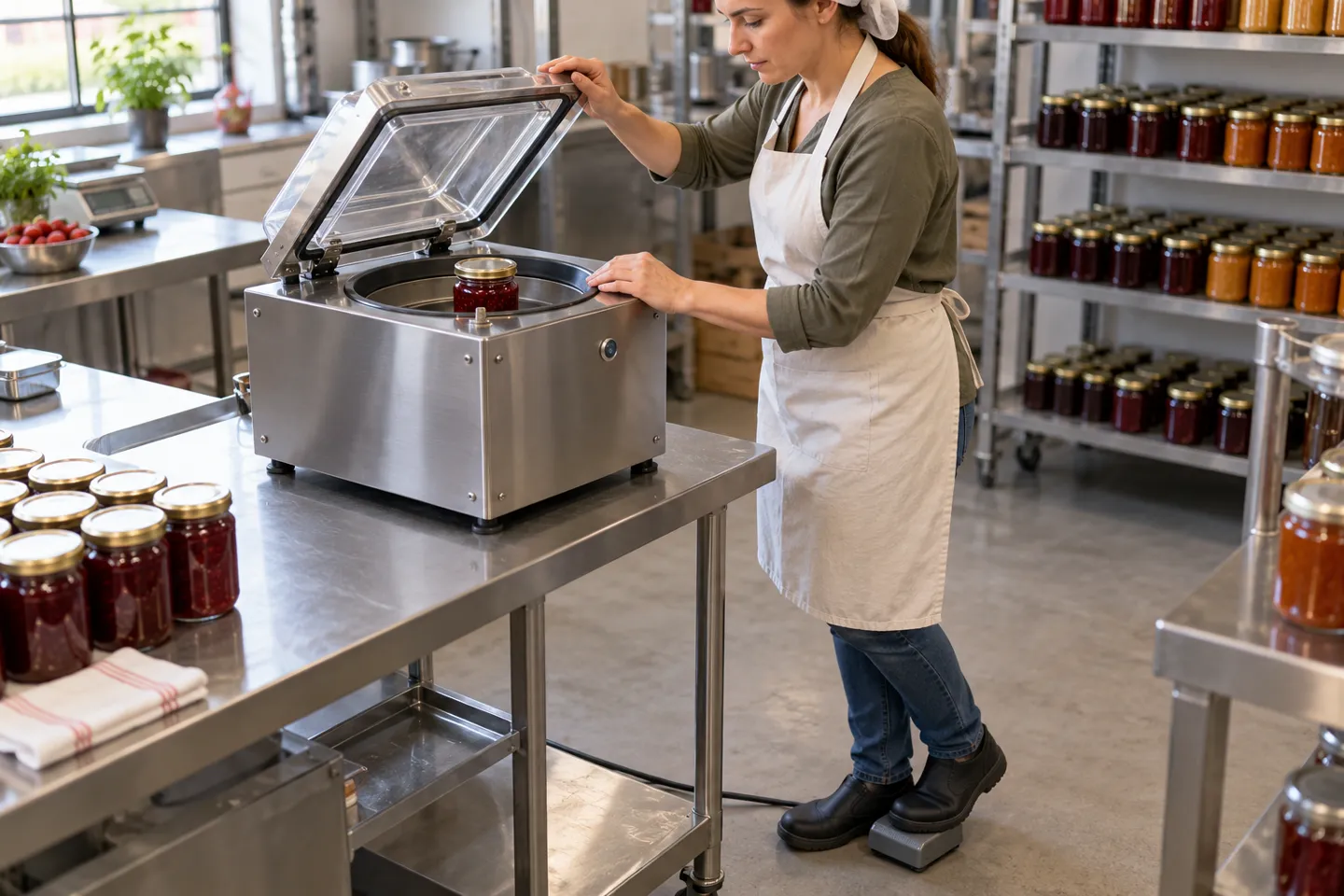 Operator sealing a glass jam jar in the vacuum chamber of a benchtop vacuum capping machine with a foot pedal control