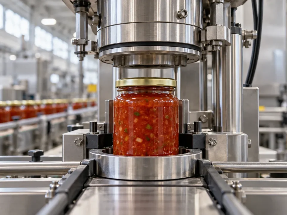 Glass jar of salsa entering the vacuum chamber of a vacuum capping machine on a food production line