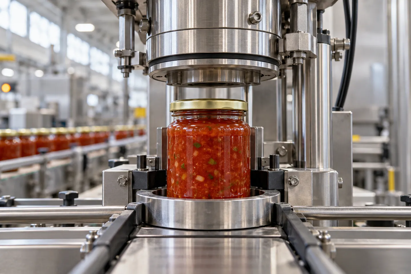 Glass jar of salsa entering the vacuum chamber of a vacuum capping machine on a food production line