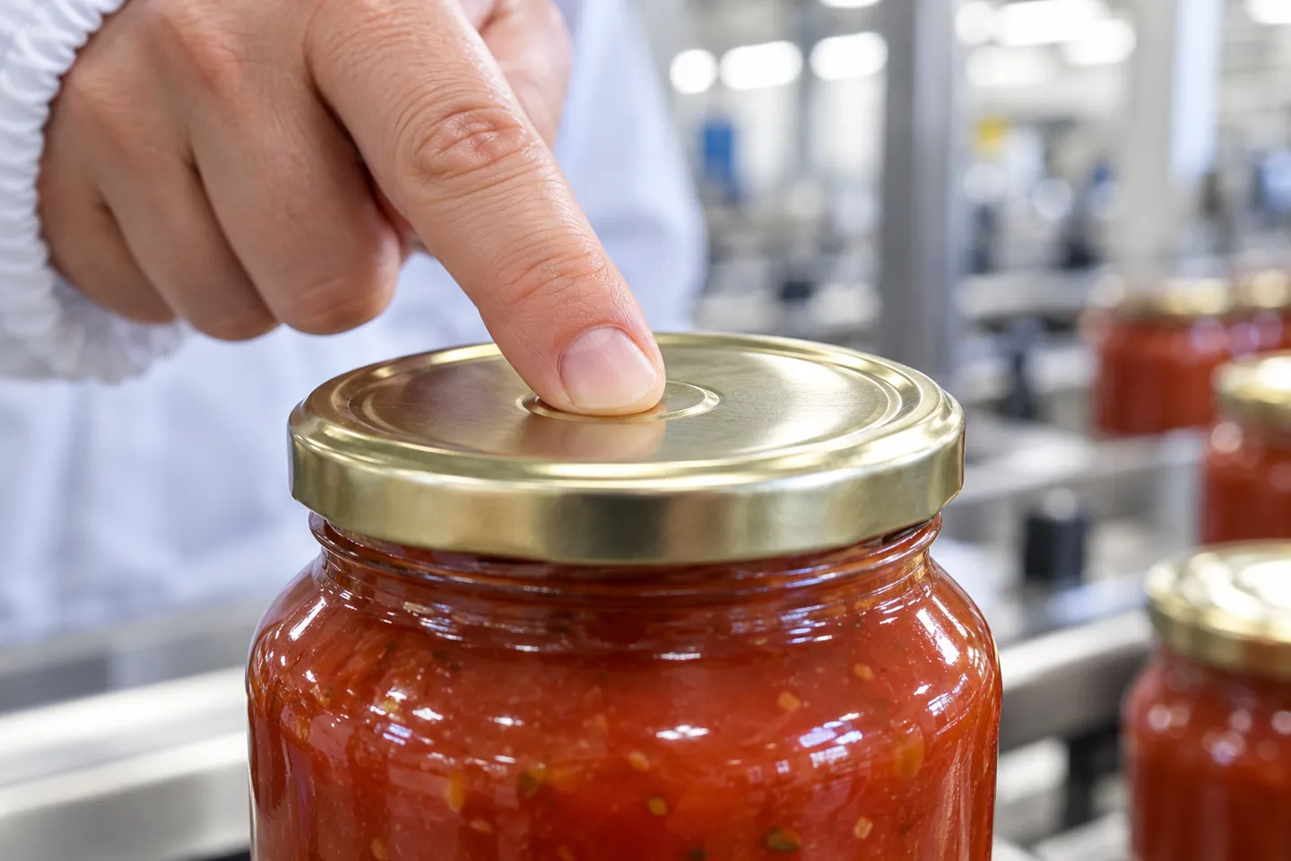 Fingertip pressing the center of a metal jar lid to feel the dome that shows a vacuum seal is holding