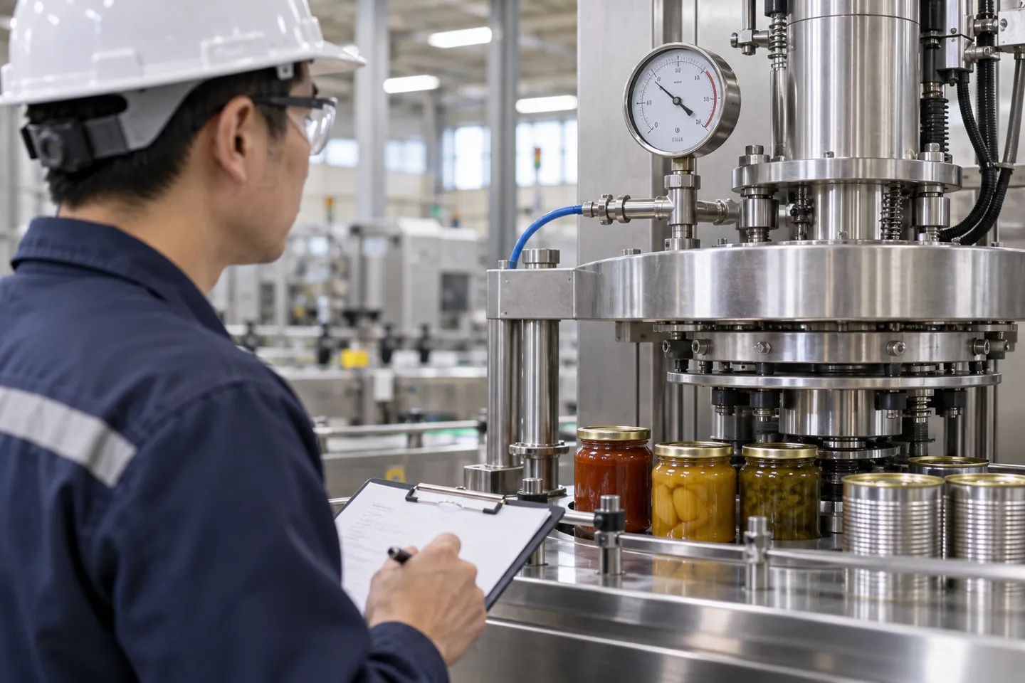 Quality control engineer recording the vacuum gauge reading during a trial run of a capping machine with glass jars and tin cans