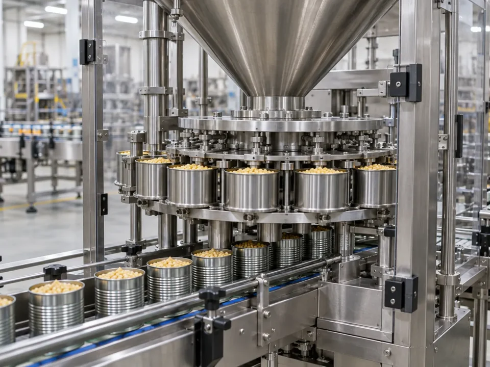 Stainless steel volumetric cup filler with a rotary measuring cup carousel dosing dry product into cans on a packaging line