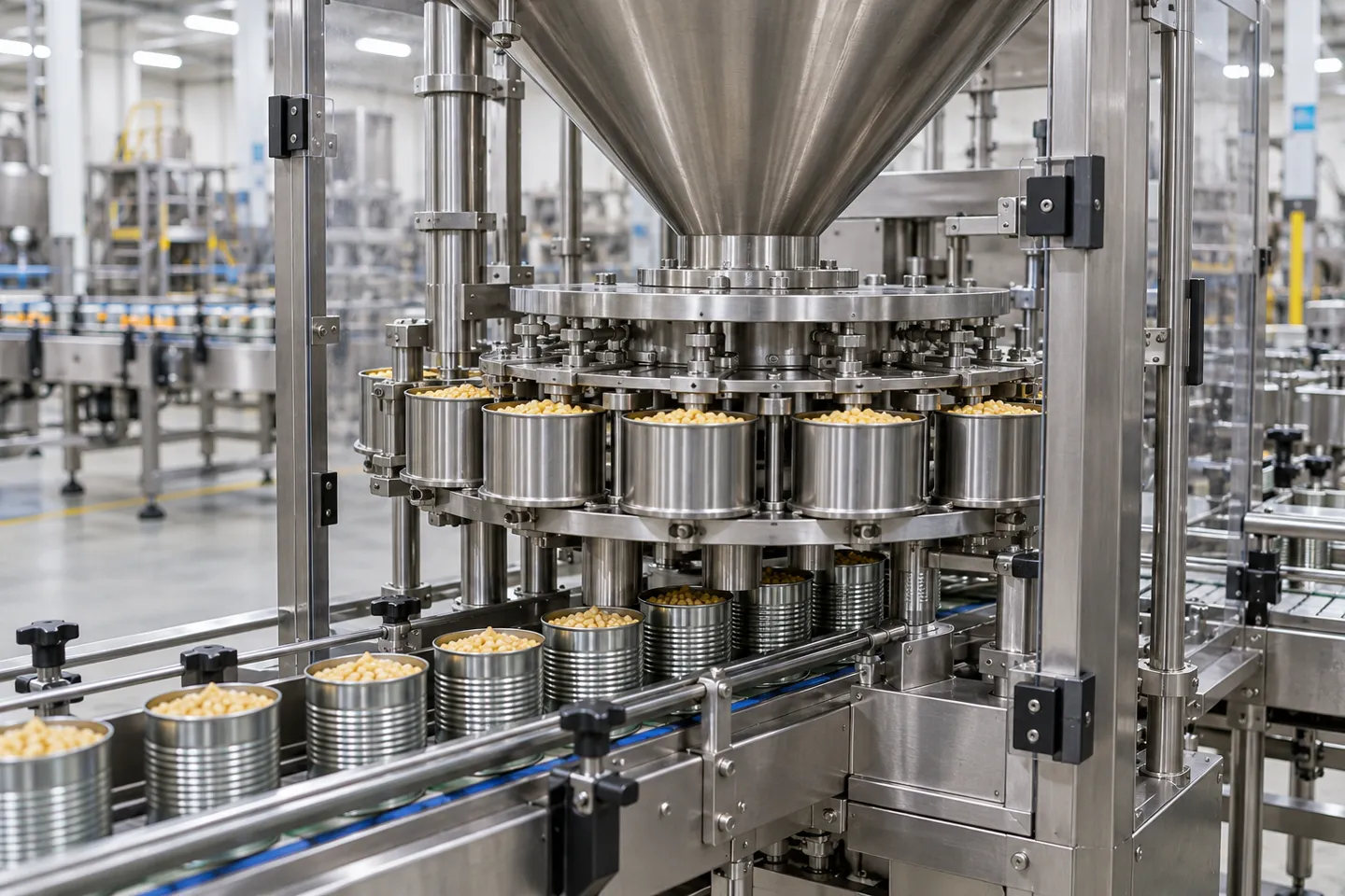 Enchedora volumétrica de copos em aço inoxidável com um carrossel rotativo de copos medidores, destinada à dosagem de produto seco em latas numa linha de embalagem